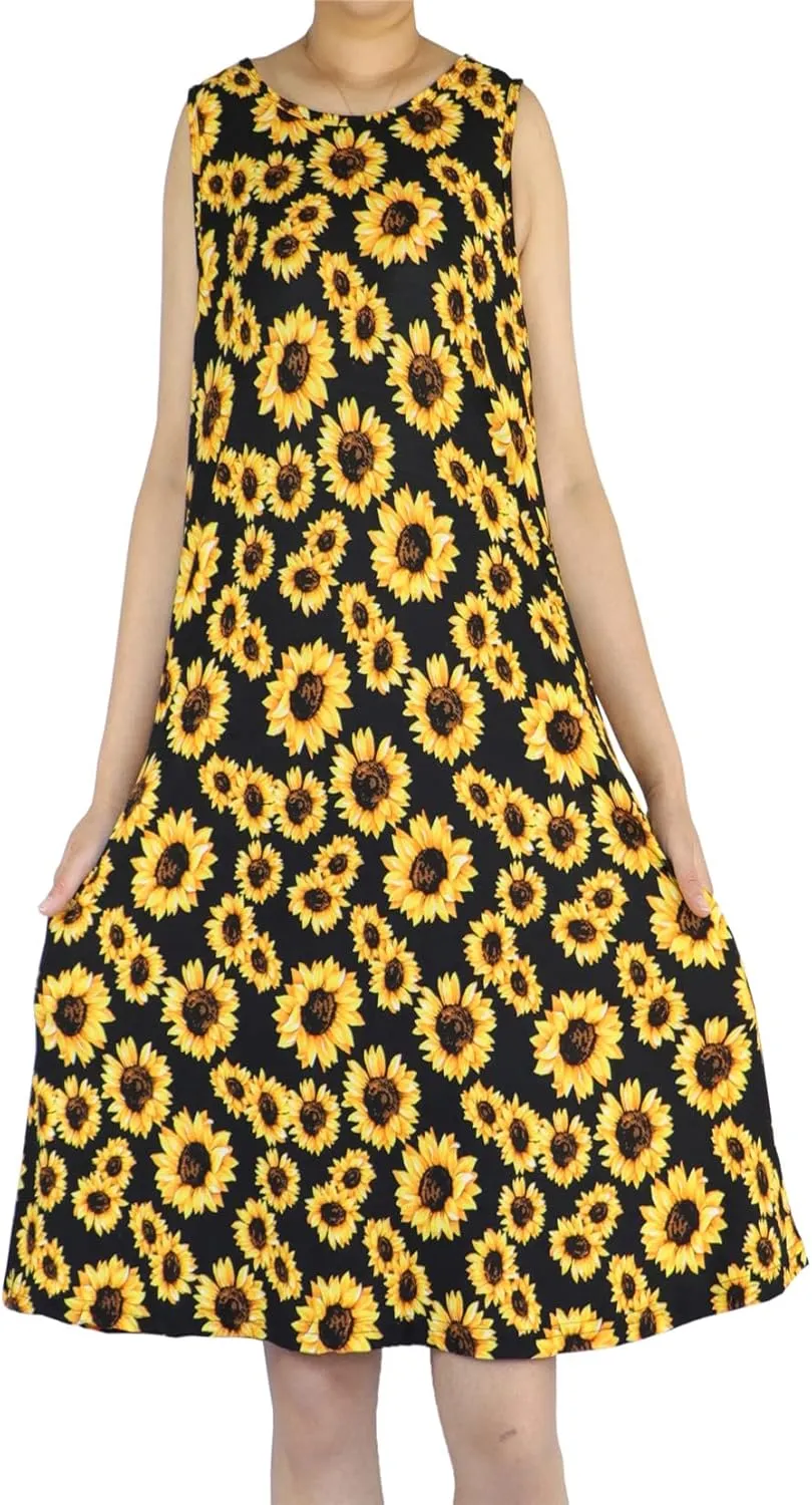 Women's Summer Beach Dress Floral Casual Boho Sleeveless Sling Midi Swing Sundress with Pockets
