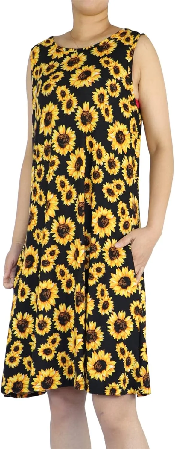 Women's Summer Beach Dress Floral Casual Boho Sleeveless Sling Midi Swing Sundress with Pockets