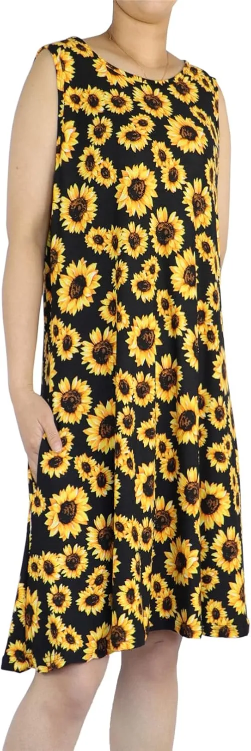 Women's Summer Beach Dress Floral Casual Boho Sleeveless Sling Midi Swing Sundress with Pockets