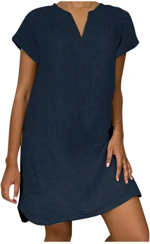 Womens Summer Cotton Linen Dresses Casual V Neck Short Sleeve Midi Dress Floral Embroidery Shirt Dress Plus Size S-5X Deals of The Day 2024 Vacation Sun Dresses Women, X-Large, Dark Blue R