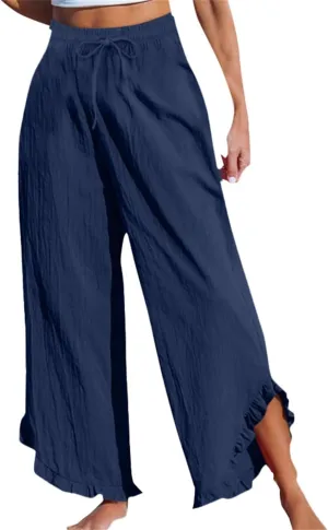 Womens Summer Cotton Linen Lightweight Pants Solid Color Wide Leg Palazzo Trousers Drawstring Waist Pant with Pockets