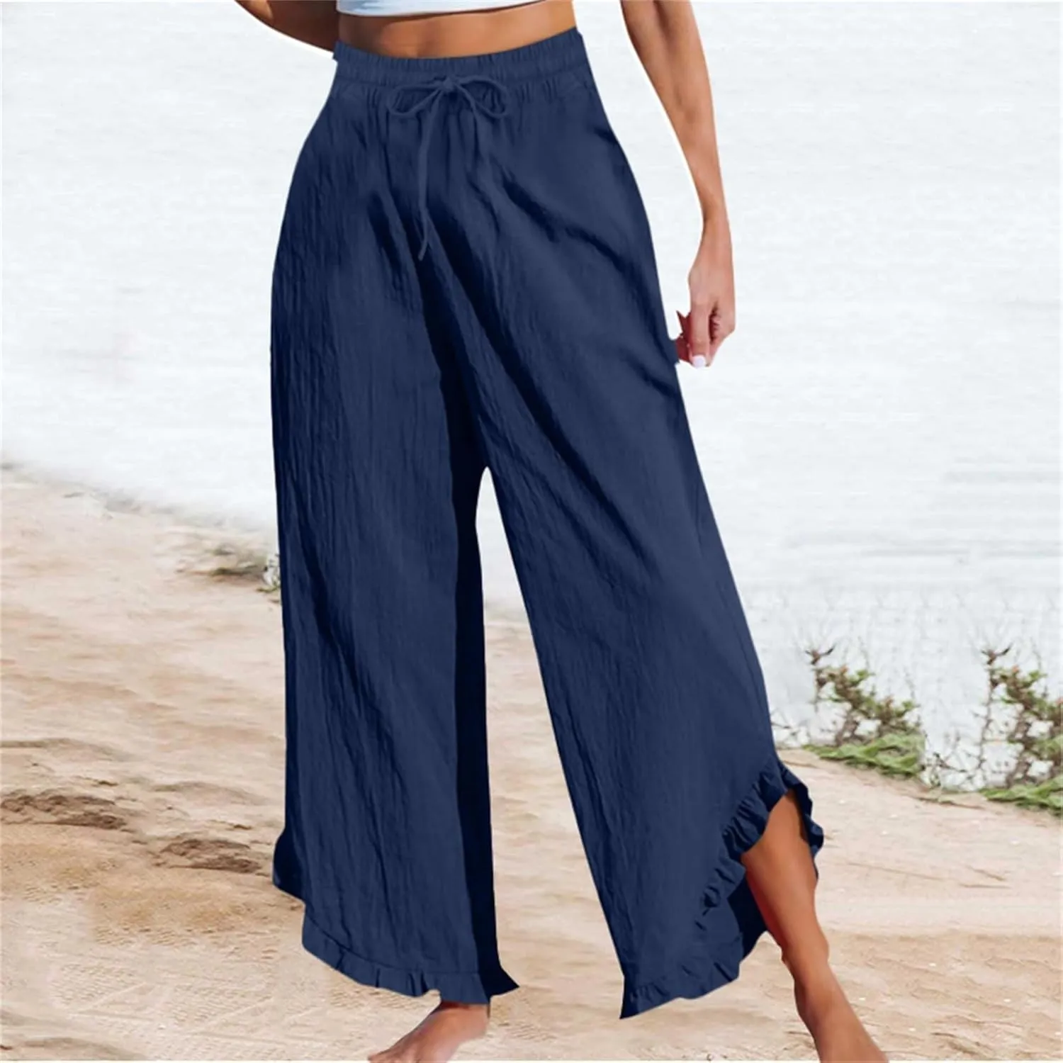 Womens Summer Cotton Linen Lightweight Pants Solid Color Wide Leg Palazzo Trousers Drawstring Waist Pant with Pockets
