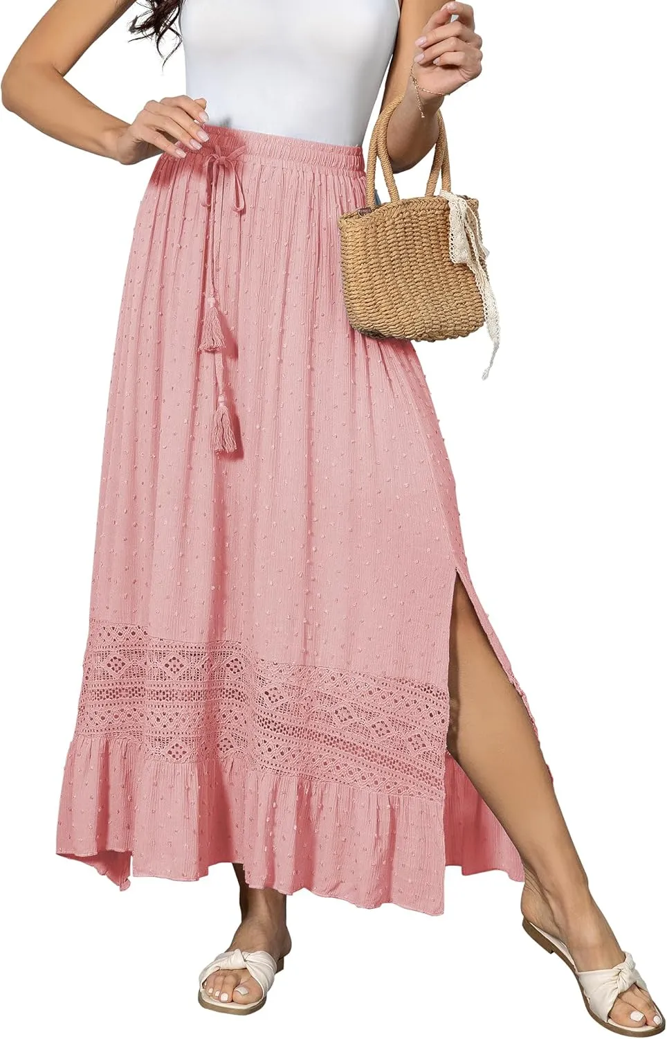 Women's Summer Maxi Skirt Elastic High Waist Boho Beach Skirt A Line Long Skirt Lace Trim Flowy Long Skirt