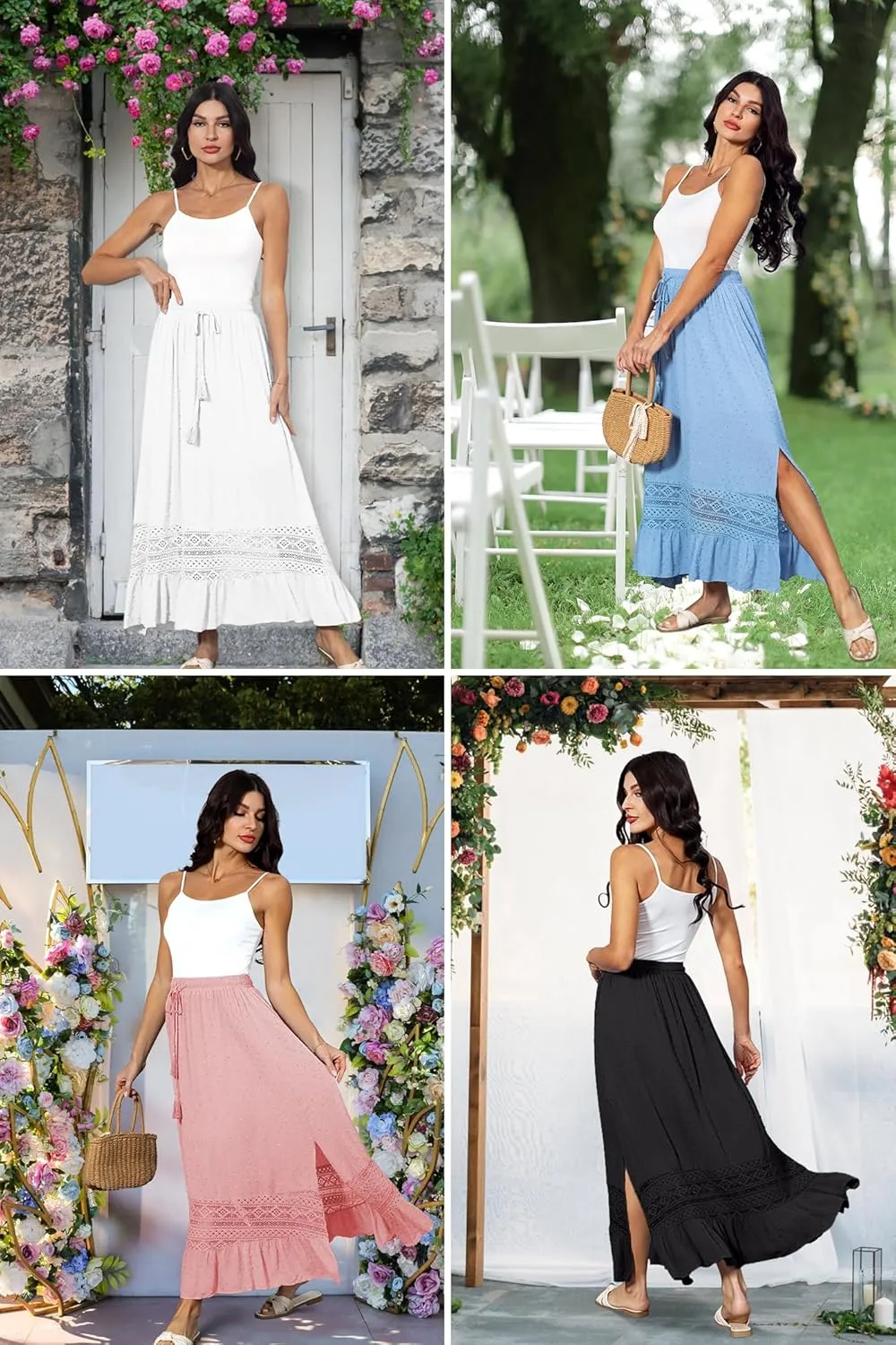 Women's Summer Maxi Skirt Elastic High Waist Boho Beach Skirt A Line Long Skirt Lace Trim Flowy Long Skirt