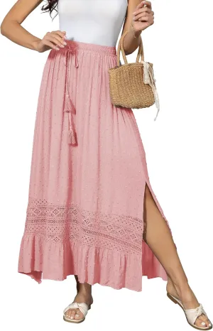 Women's Summer Maxi Skirt Elastic High Waist Boho Beach Skirt A Line Long Skirt Lace Trim Flowy Long Skirt