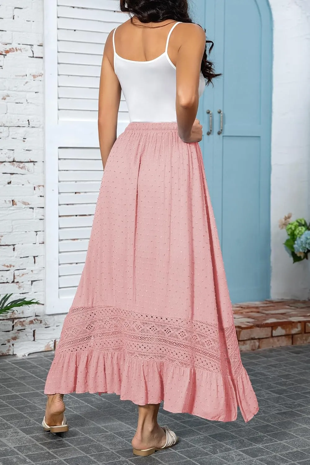 Women's Summer Maxi Skirt Elastic High Waist Boho Beach Skirt A Line Long Skirt Lace Trim Flowy Long Skirt