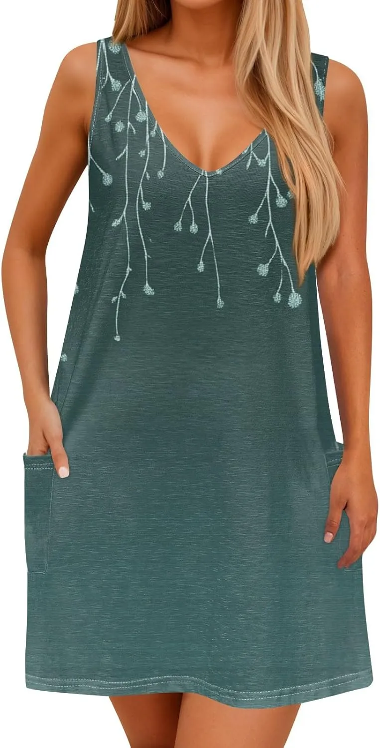 Women's Summer Sleeveless V-Neck Floral Print Casual Loose Beach Dress Lightweight and Breathable Summer