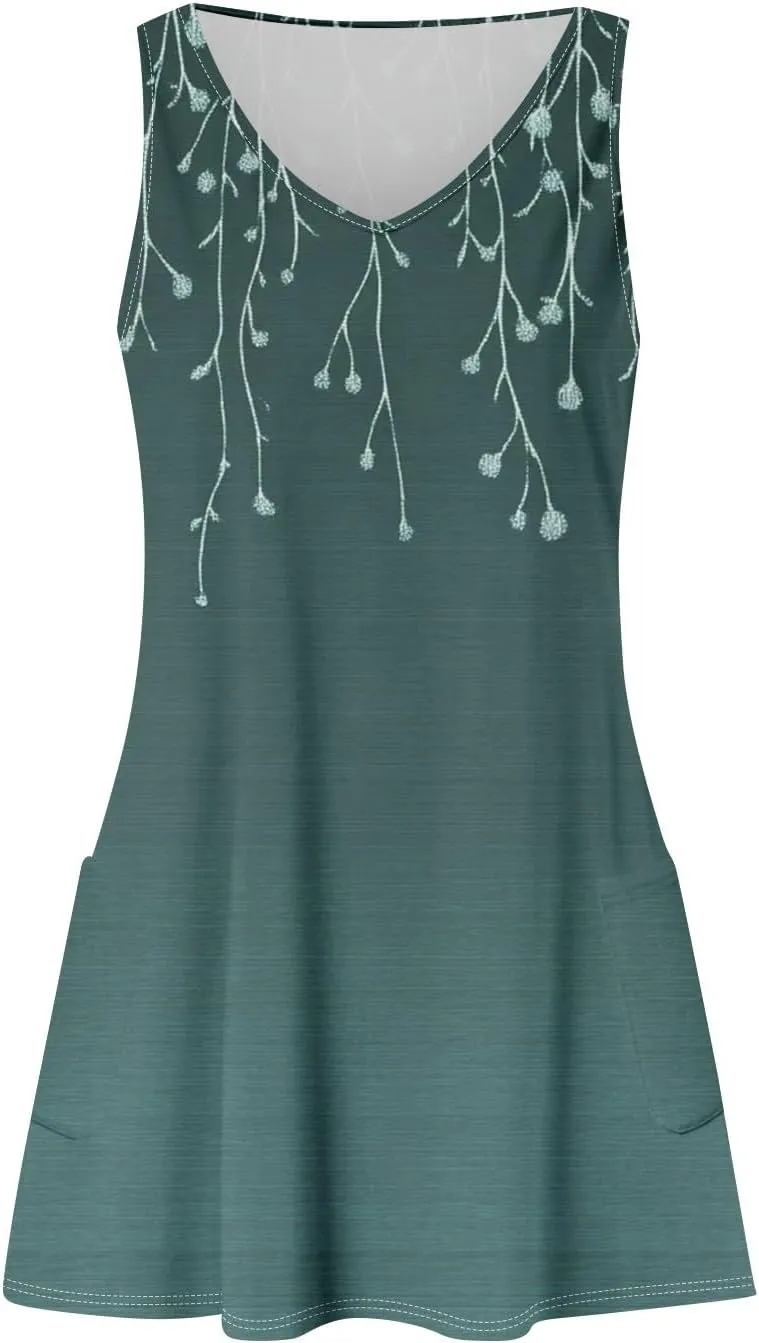 Women's Summer Sleeveless V-Neck Floral Print Casual Loose Beach Dress Lightweight and Breathable Summer