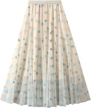 Women's Tulle Skirt Pleated Tutu Skirts Elastic High Waist Elegant Point Floral Printed Mesh Lady A Line Midi Skirt (C-Blue, ONE Size)
