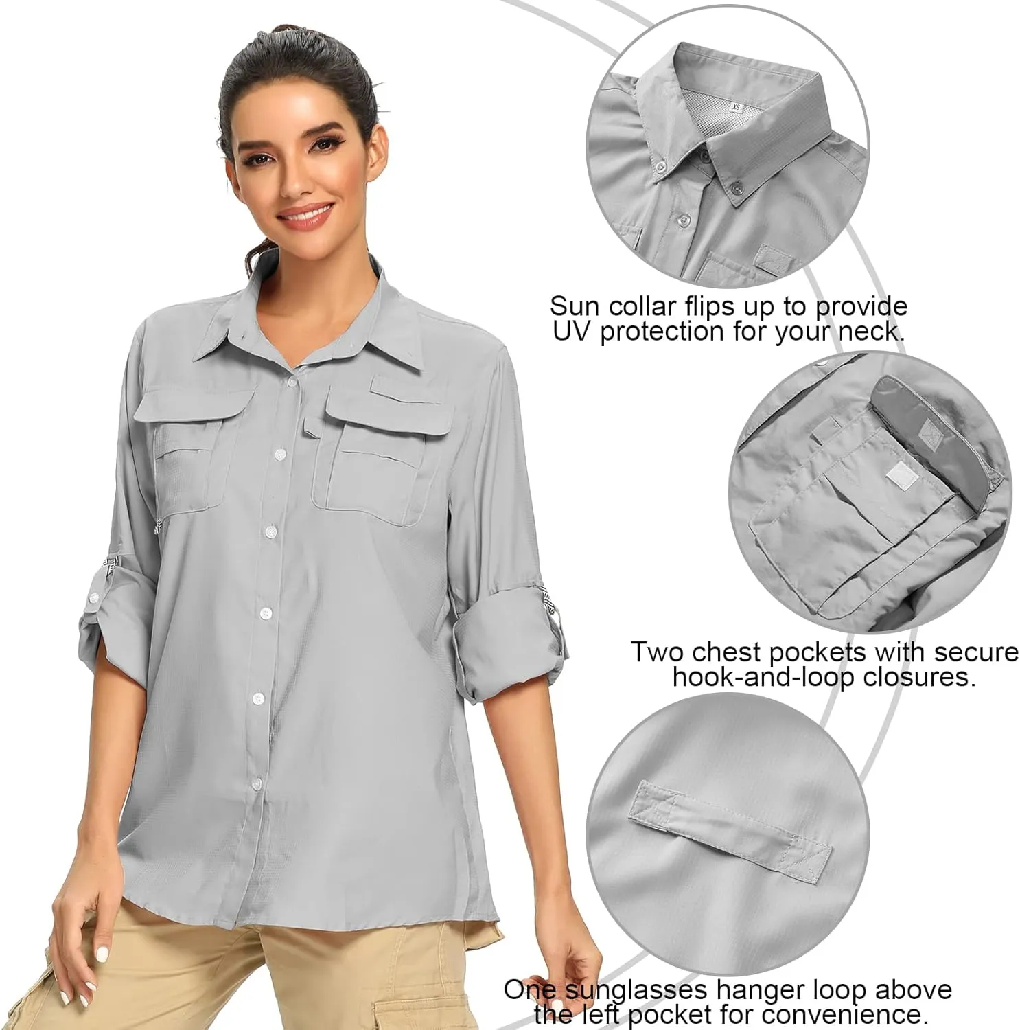 Women's UPF 50  UV Sun Protection Safari Shirt, Long Sleeve Outdoor Cool Quick Dry Fishing Hiking Gardening Shirts