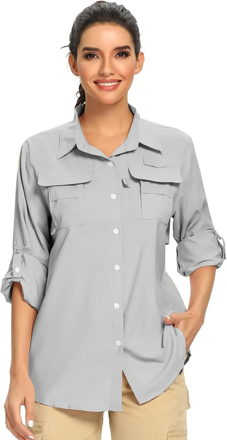 Women's UPF 50  UV Sun Protection Safari Shirt, Long Sleeve Outdoor Cool Quick Dry Fishing Hiking Gardening Shirts