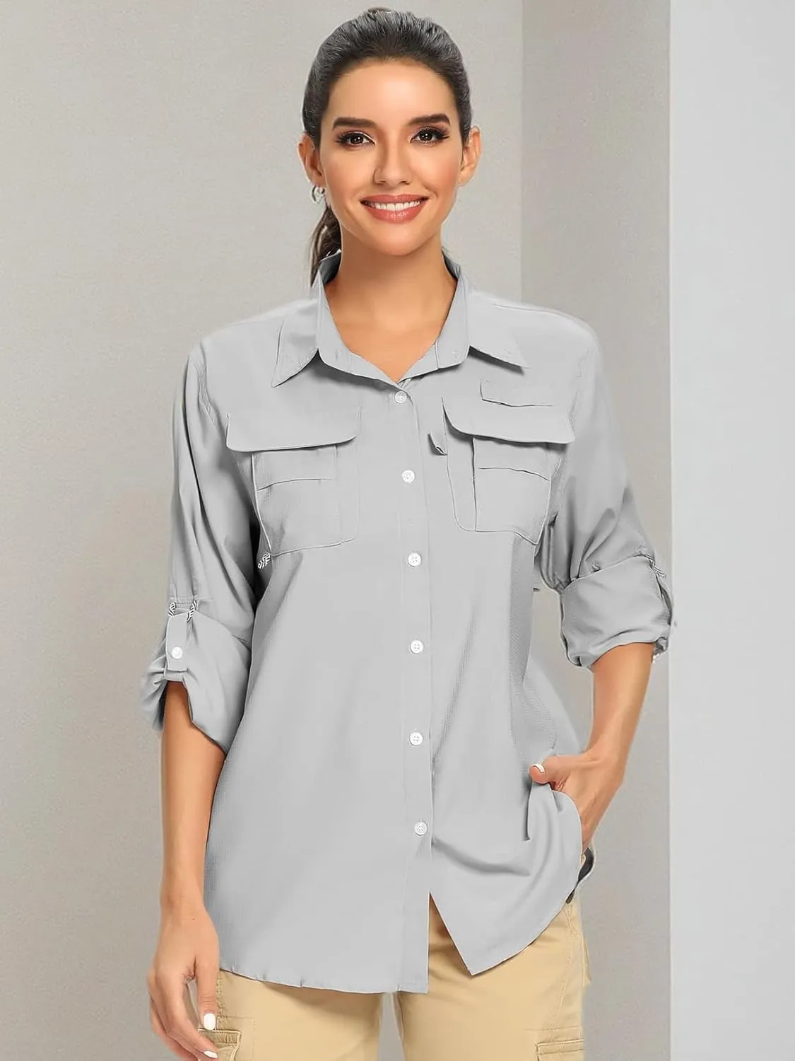 Women's UPF 50  UV Sun Protection Safari Shirt, Long Sleeve Outdoor Cool Quick Dry Fishing Hiking Gardening Shirts