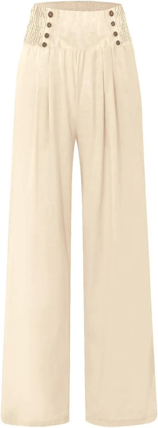 Women's Wide-Leg Cotton and Linen Loose Trousers Summer Boho Palazzo Pants Daily Casual Lounge Beach Travel Pant