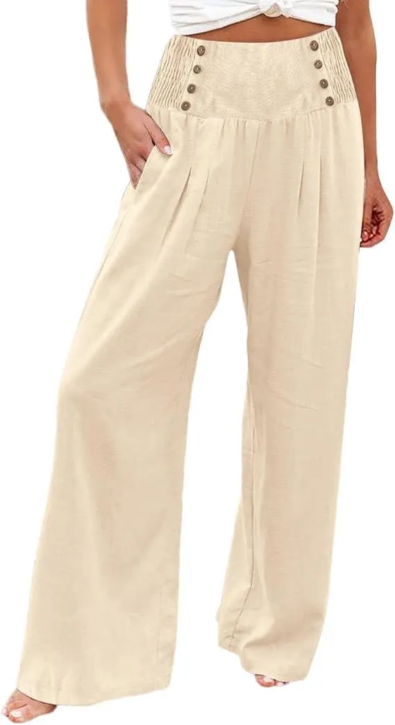 Women's Wide-Leg Cotton and Linen Loose Trousers Summer Boho Palazzo Pants Daily Casual Lounge Beach Travel Pant