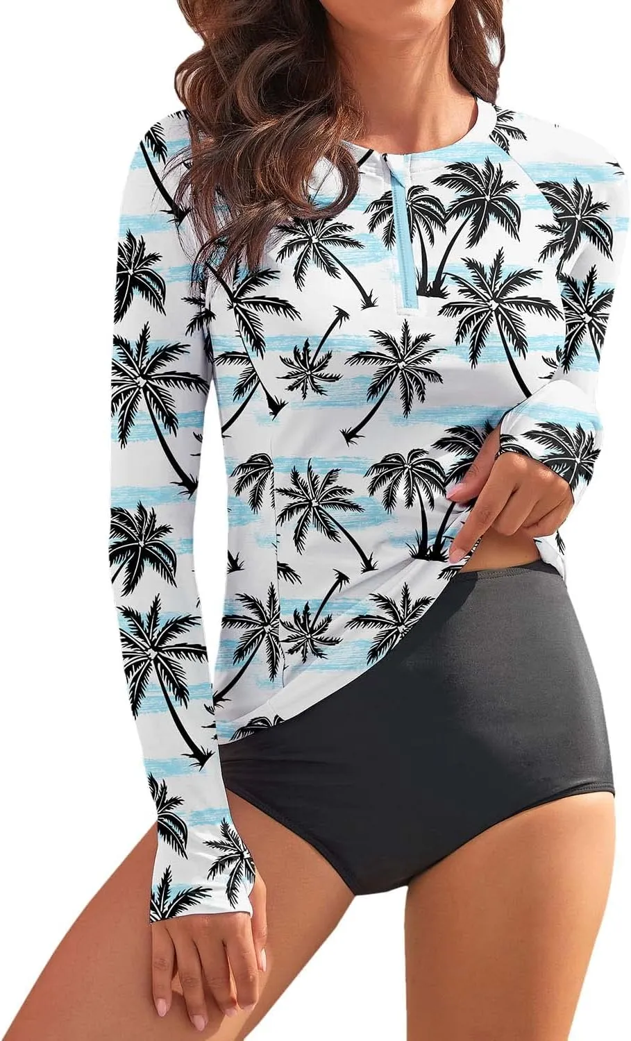 WOWENY Women's Rash Guard UPF 50  Long Sleeve Swim Shirts Thumb Holes UV Sun Protection Bathing Suit Swimsuit No Bottoms&Bras