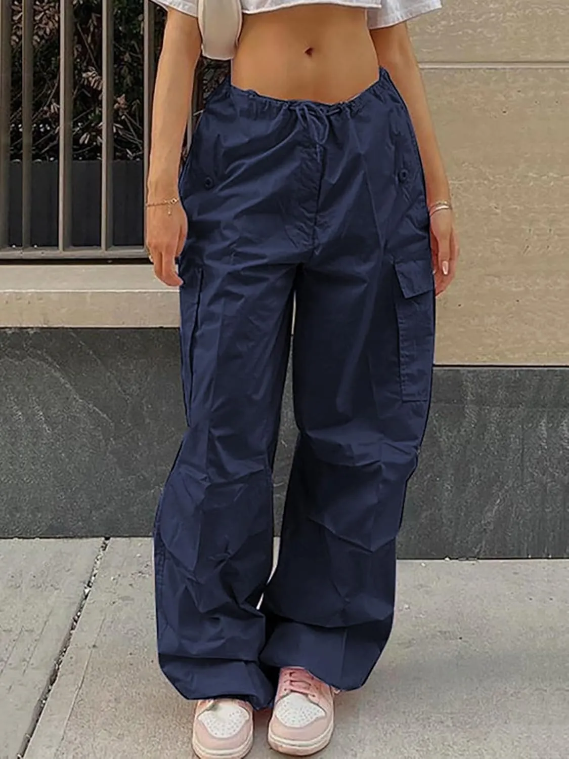 Xineicy Parachute Pants for Women Drawstring Baggy Cargo Pants Y2K Trouser Low Rised Jogger Sweatpants