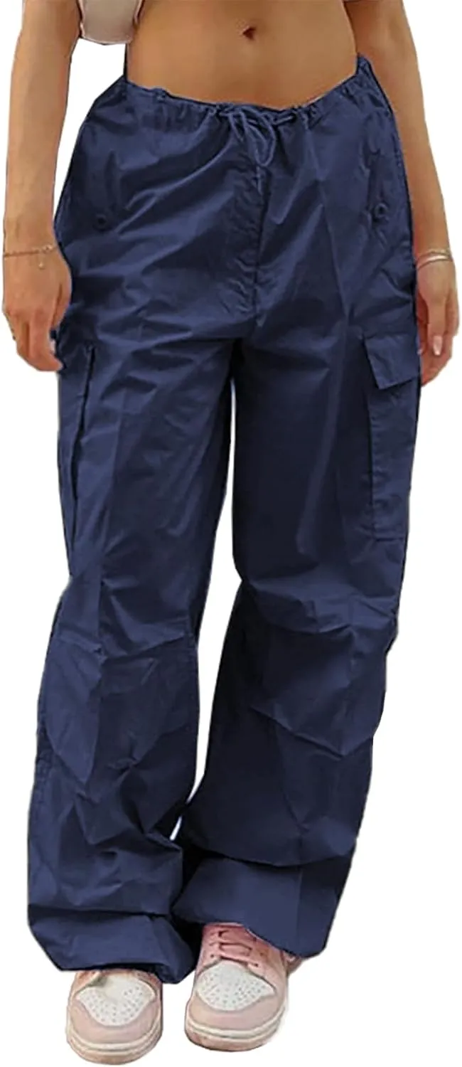 Xineicy Parachute Pants for Women Drawstring Baggy Cargo Pants Y2K Trouser Low Rised Jogger Sweatpants