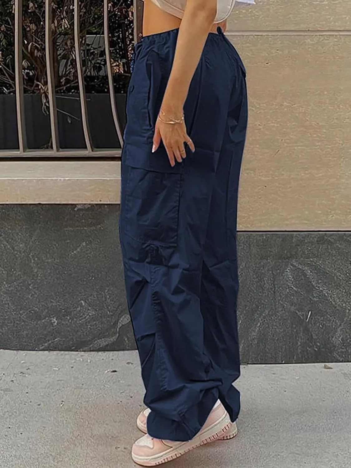Xineicy Parachute Pants for Women Drawstring Baggy Cargo Pants Y2K Trouser Low Rised Jogger Sweatpants