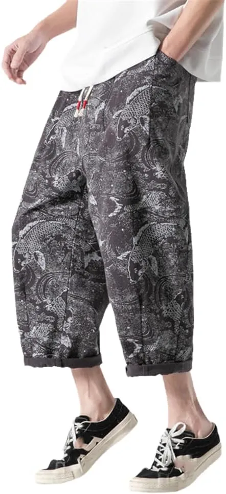 Xingfenly Chinese Pants Joggers Men' Summer Harem Men Print Short Style Calf-Length Casual Baggy Shorts