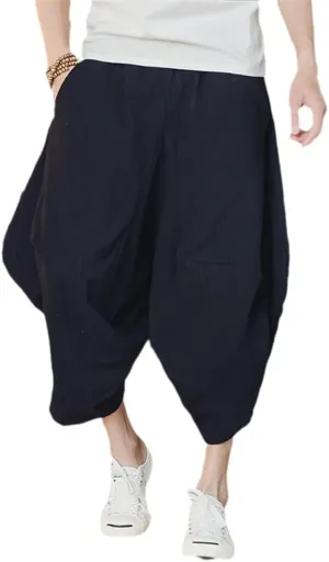 Xingfenly Men Harem Pants Drop Crotch Joggers Solid Casual Trousers Loose Hip Hop Baggy Calf-Length Cotton Wide Leg