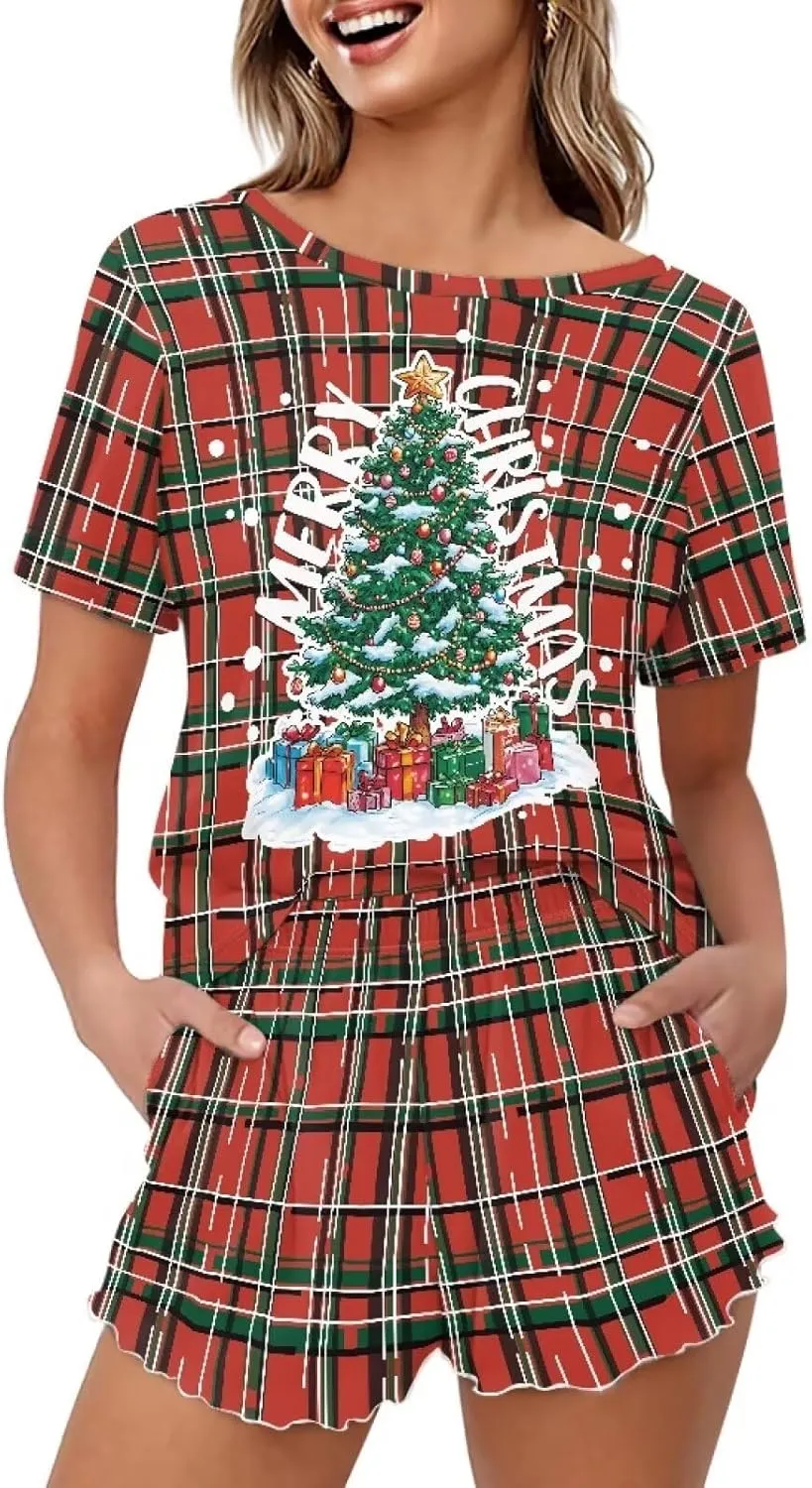 YEXIATODO Womens Plus Size Christmas Pajamas Women's Short Sleeve 2 Piece Pajama Set Sleepwear S-5XL
