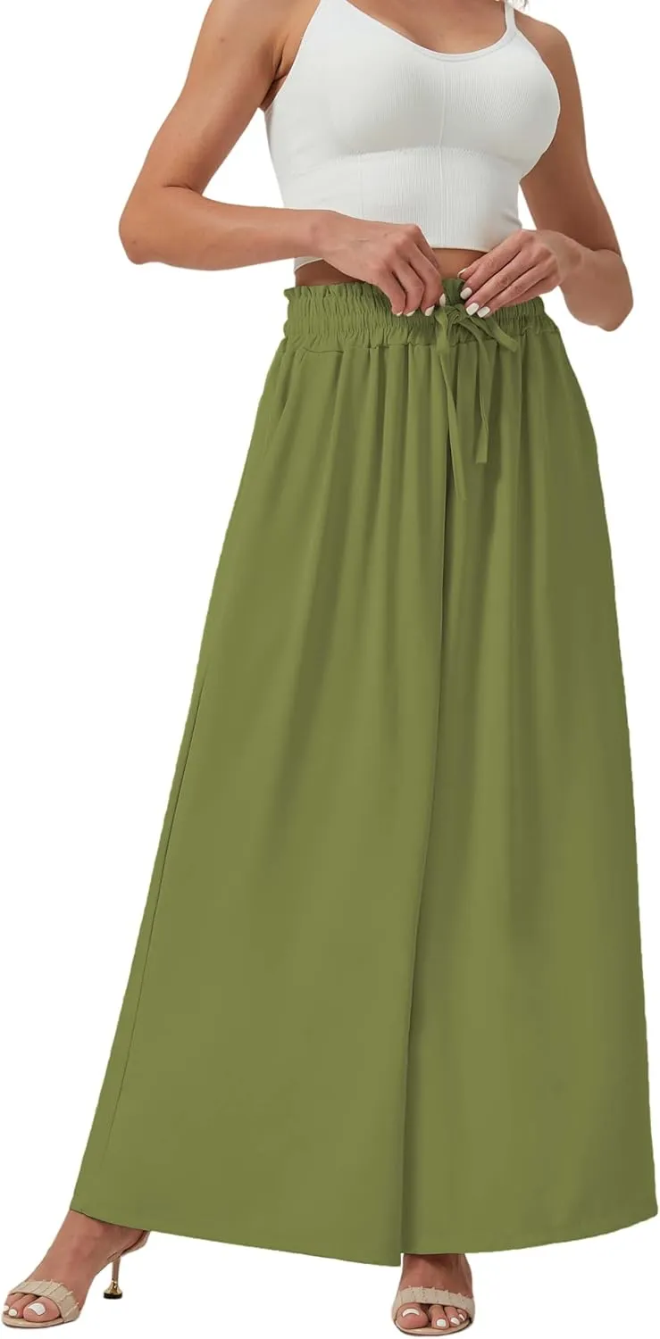 YLDUJ AMUM Womens Wide Leg Pants Summer Beach Breathable Pants Loose Flowy Palazzo Lounge Trousers with Pockets