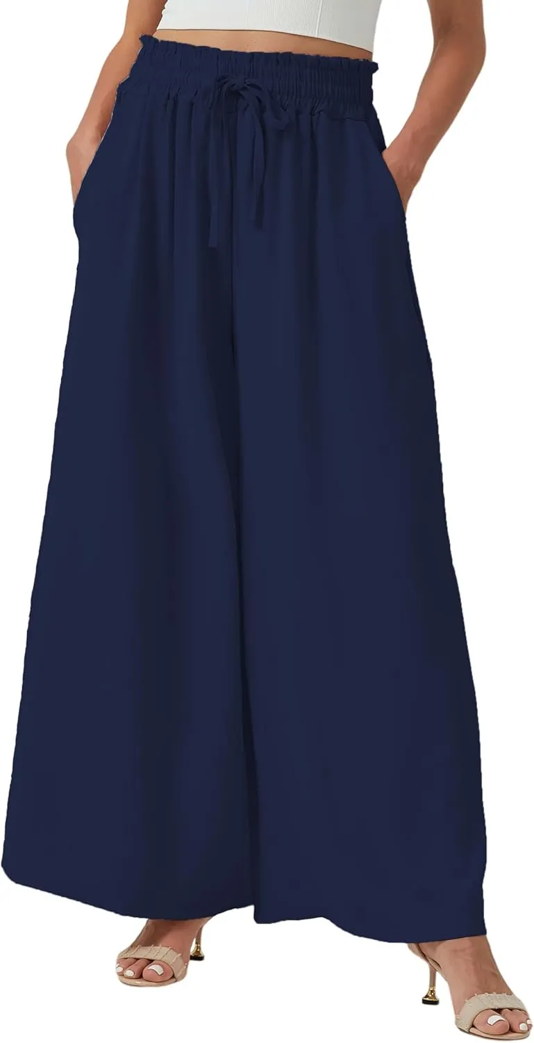 YLDUJ AMUM Womens Wide Leg Pants Summer Beach Breathable Pants Loose Flowy Palazzo Lounge Trousers with Pockets