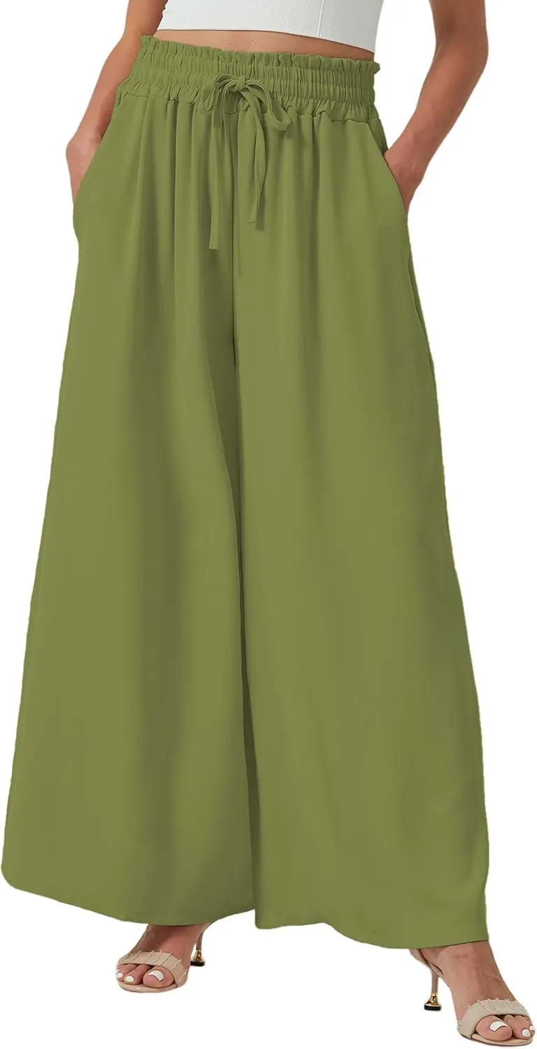 YLDUJ AMUM Womens Wide Leg Pants Summer Beach Breathable Pants Loose Flowy Palazzo Lounge Trousers with Pockets