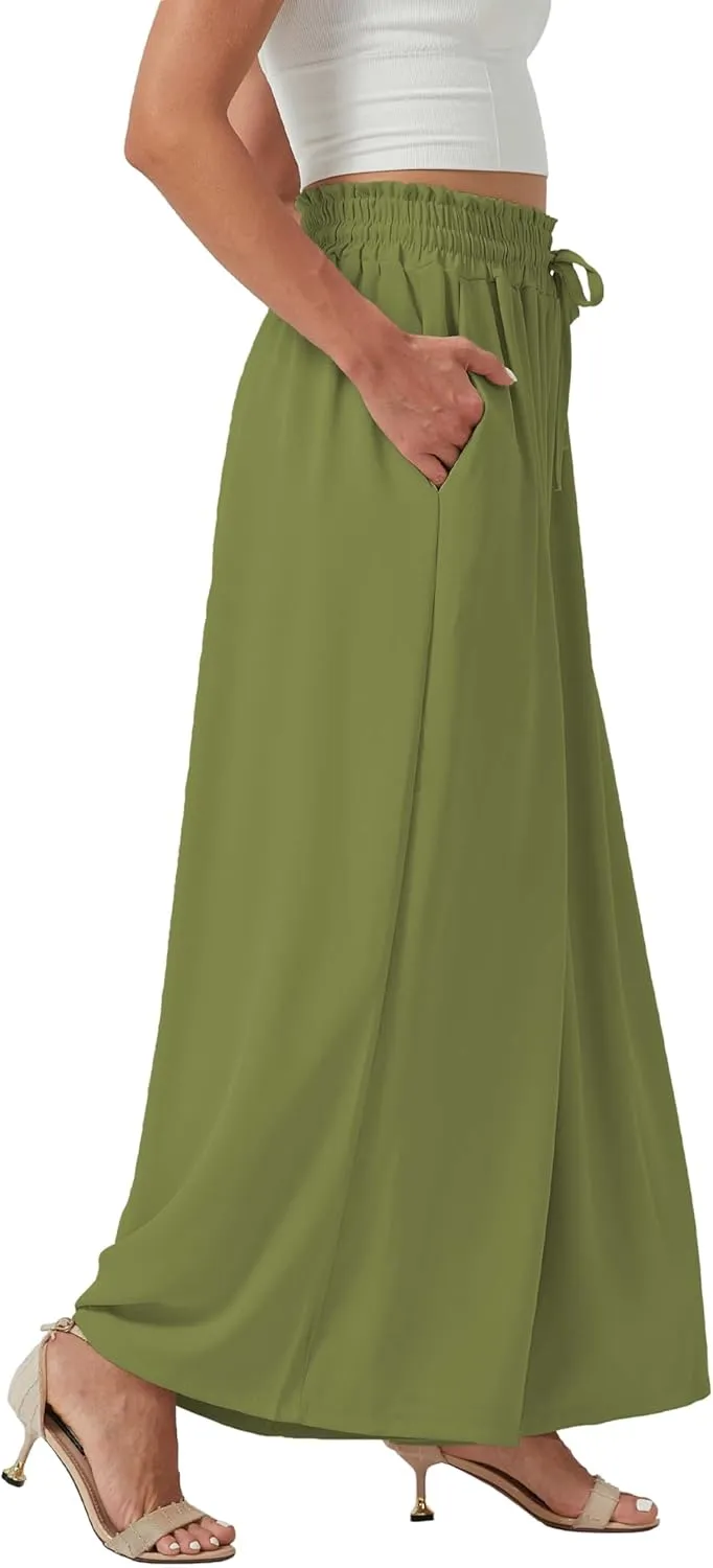YLDUJ AMUM Womens Wide Leg Pants Summer Beach Breathable Pants Loose Flowy Palazzo Lounge Trousers with Pockets