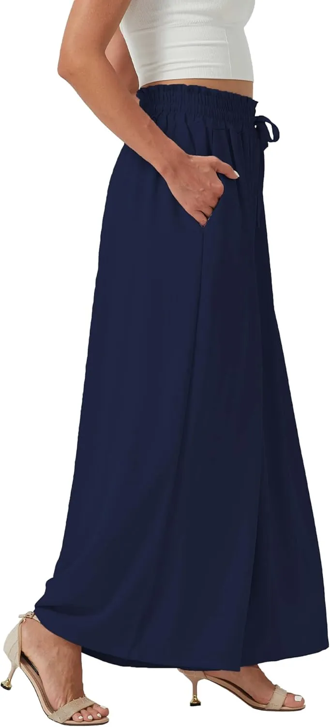 YLDUJ AMUM Womens Wide Leg Pants Summer Beach Breathable Pants Loose Flowy Palazzo Lounge Trousers with Pockets