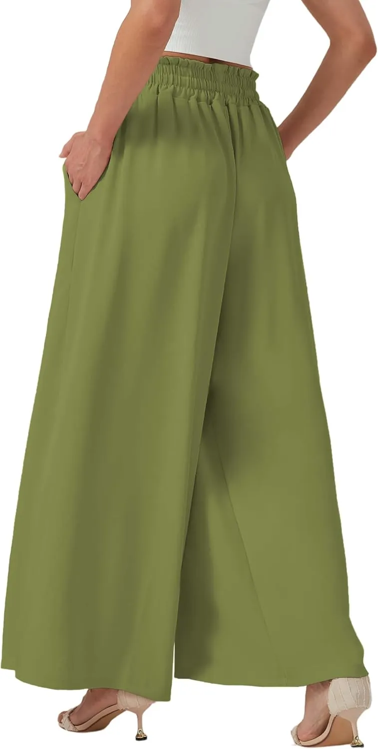 YLDUJ AMUM Womens Wide Leg Pants Summer Beach Breathable Pants Loose Flowy Palazzo Lounge Trousers with Pockets