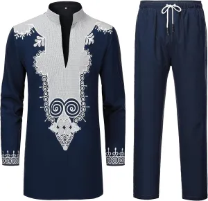 YND Mens 2 Piece Set African Dashiki Shirt and Pants, Outfit with Gold Print