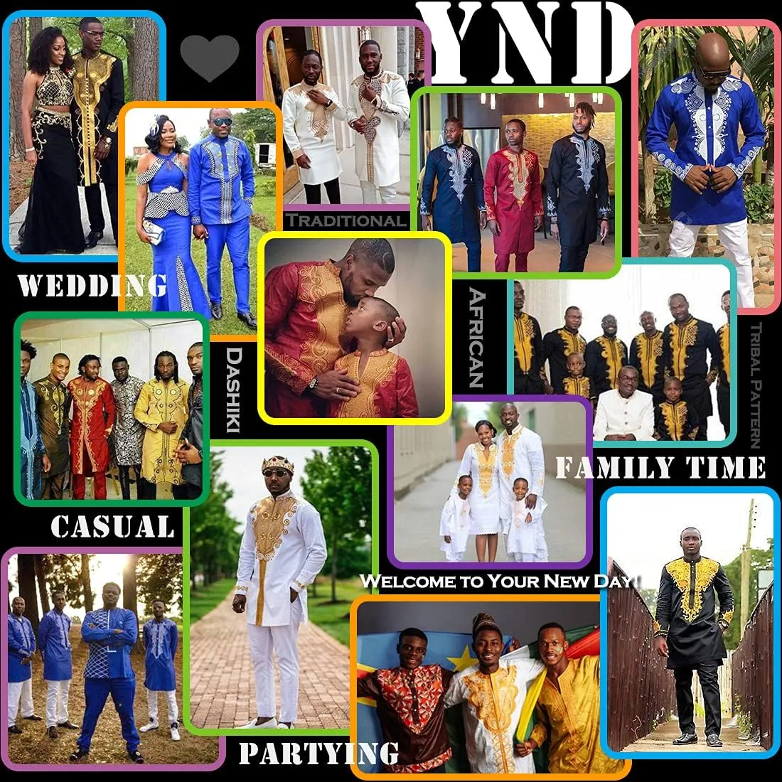 YND Mens 2 Piece Set African Dashiki Shirt and Pants, Outfit with Gold Print