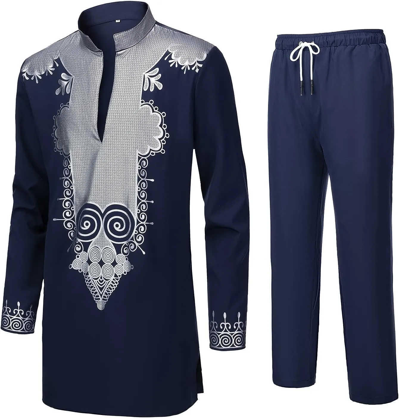 YND Mens 2 Piece Set African Dashiki Shirt and Pants, Outfit with Gold Print