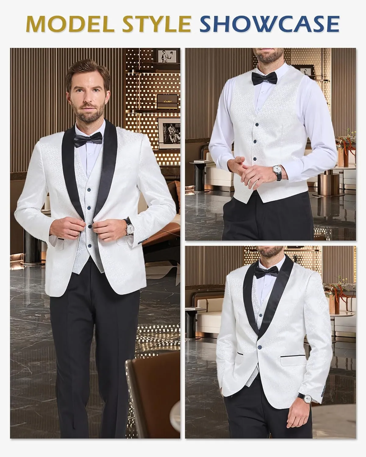 YND Men's 3 Piece Slim Fit Tuxedo Set, One Button Shawl Collar Floral Jacket Vest Pants with Bow Tie