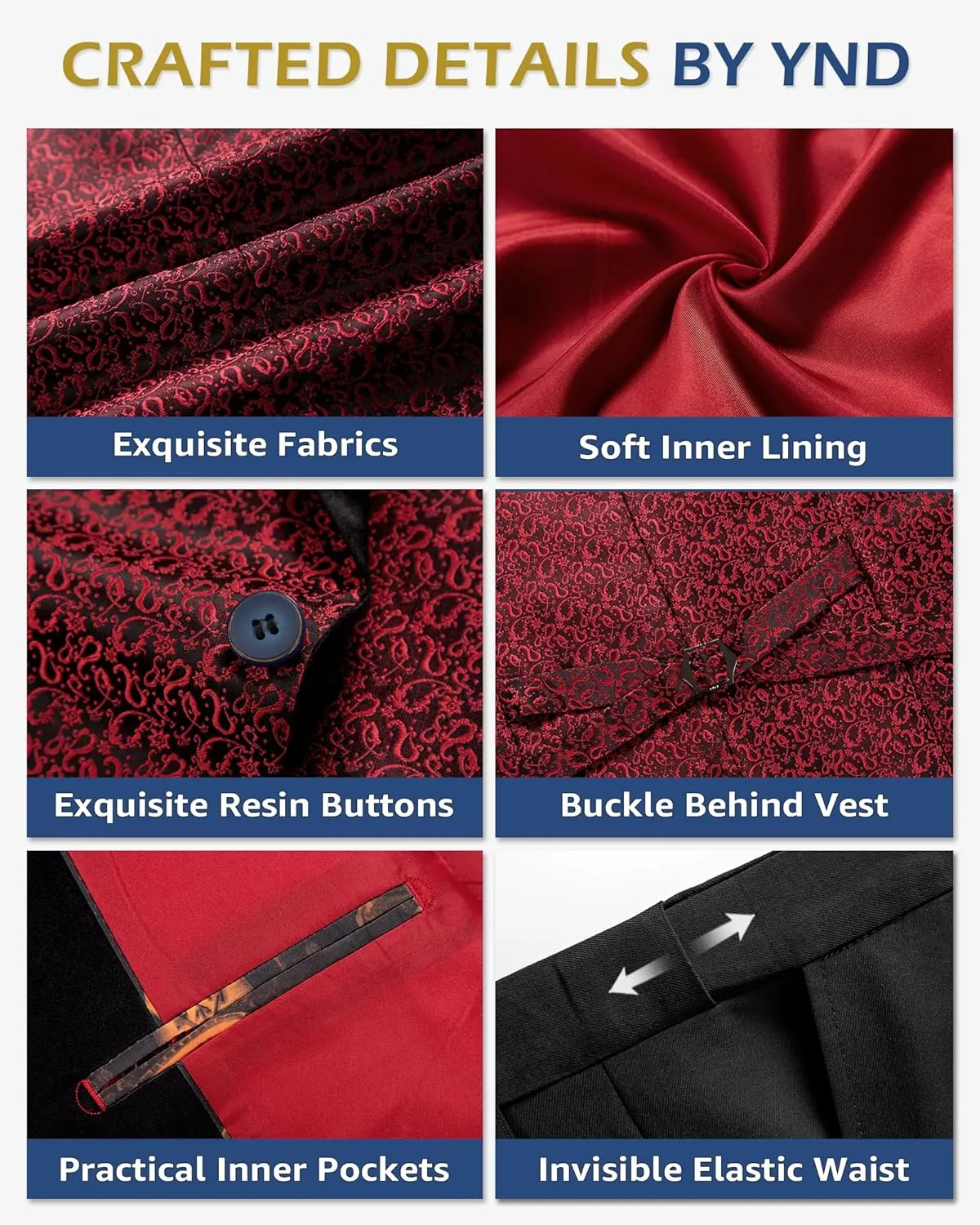 YND Men's 3 Piece Slim Fit Tuxedo Set, One Button Shawl Collar Floral Jacket Vest Pants with Bow Tie