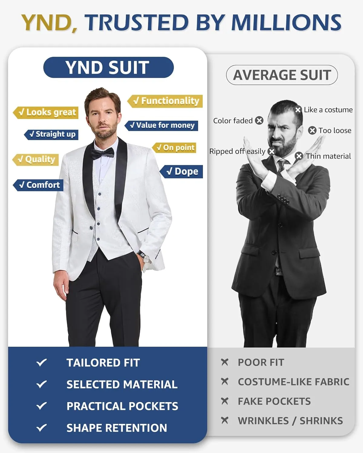 YND Men's 3 Piece Slim Fit Tuxedo Set, One Button Shawl Collar Floral Jacket Vest Pants with Bow Tie