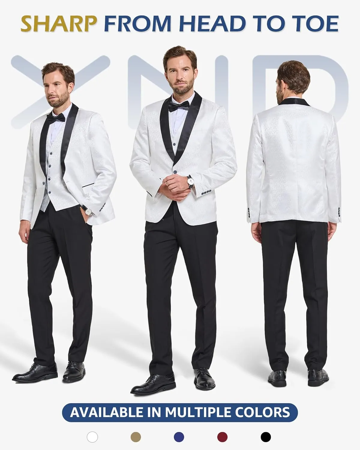 YND Men's 3 Piece Slim Fit Tuxedo Set, One Button Shawl Collar Floral Jacket Vest Pants with Bow Tie