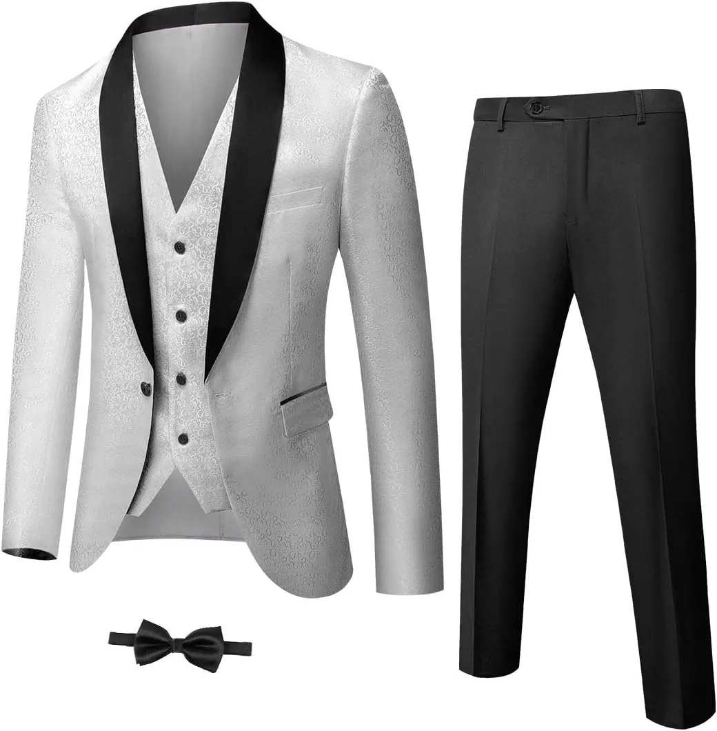 YND Men's 3 Piece Slim Fit Tuxedo Set, One Button Shawl Collar Floral Jacket Vest Pants with Bow Tie