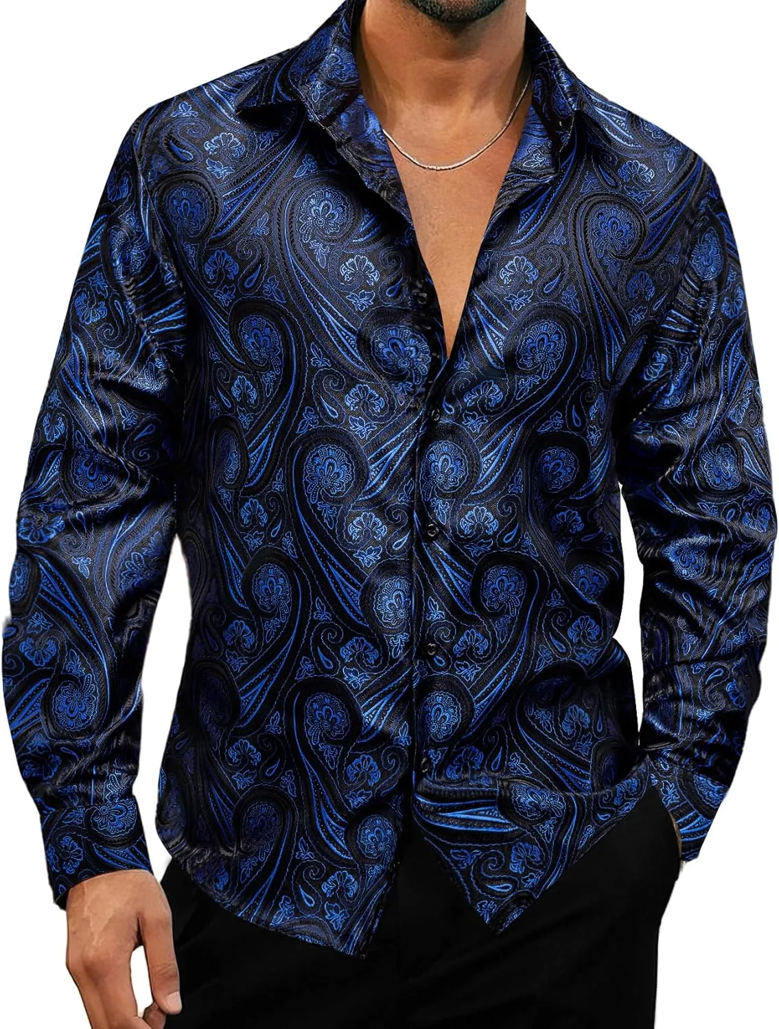YOHOWA Men's Paisley Shirt Silk Jacquard Dress Long Sleeve Button Down Shirts Casual Mexico Western Disco Party Wedding Prom