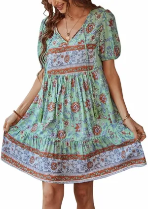 YOXUA Women's Short Sleeve Boho Floral Print Mini Dress Loose Swing V Neck Ruffle Sundress