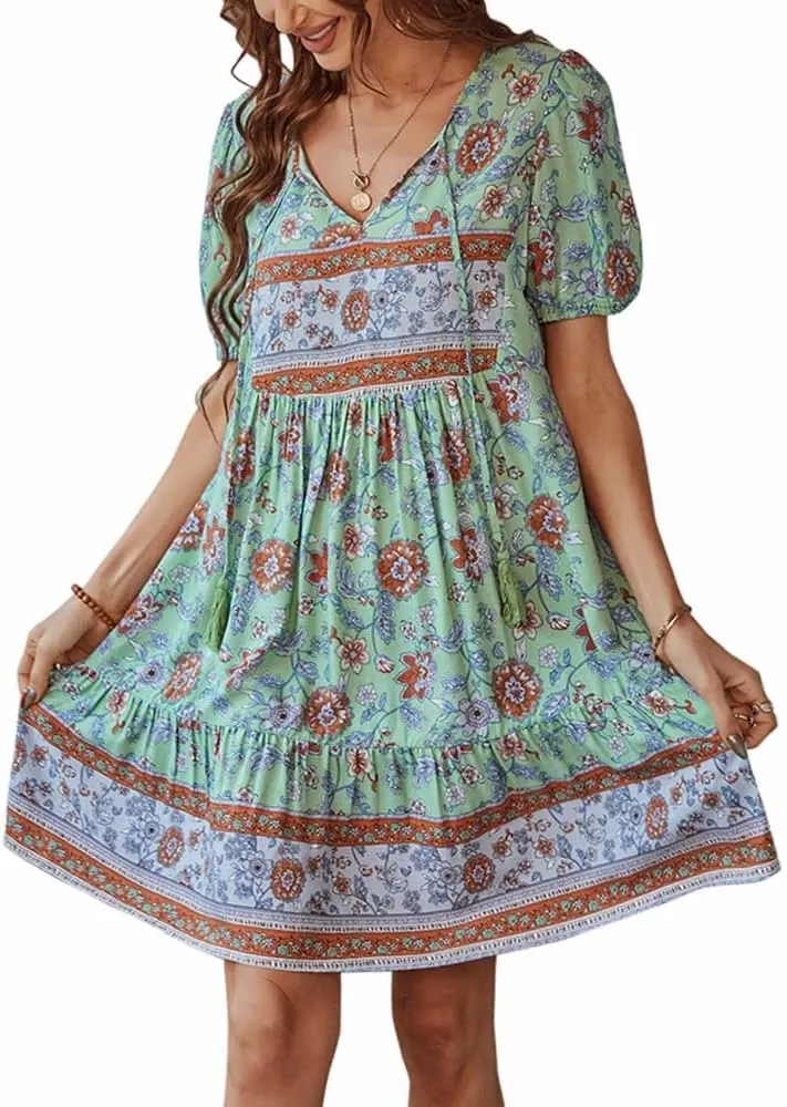 YOXUA Women's Short Sleeve Boho Floral Print Mini Dress Loose Swing V Neck Ruffle Sundress