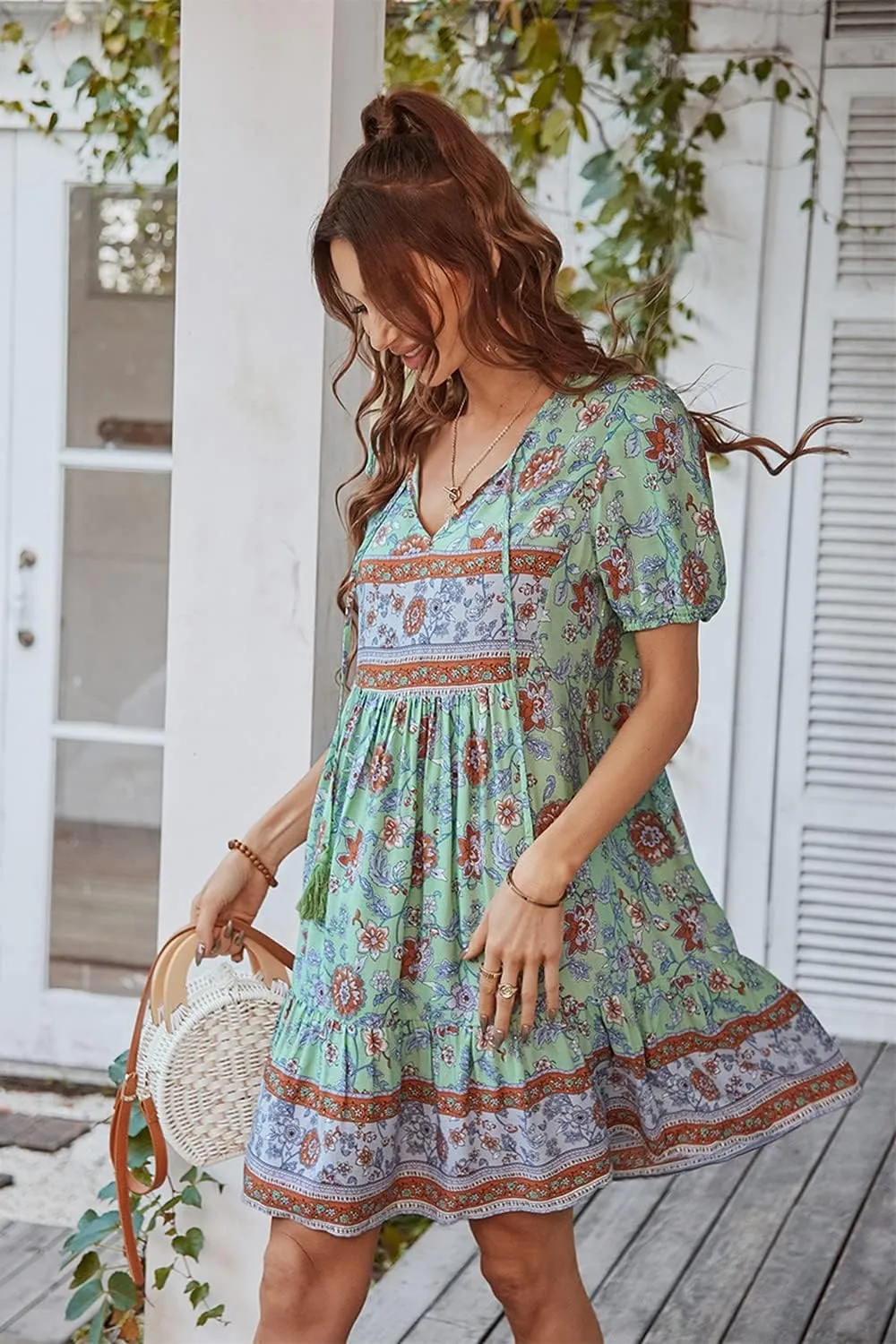 YOXUA Women's Short Sleeve Boho Floral Print Mini Dress Loose Swing V Neck Ruffle Sundress