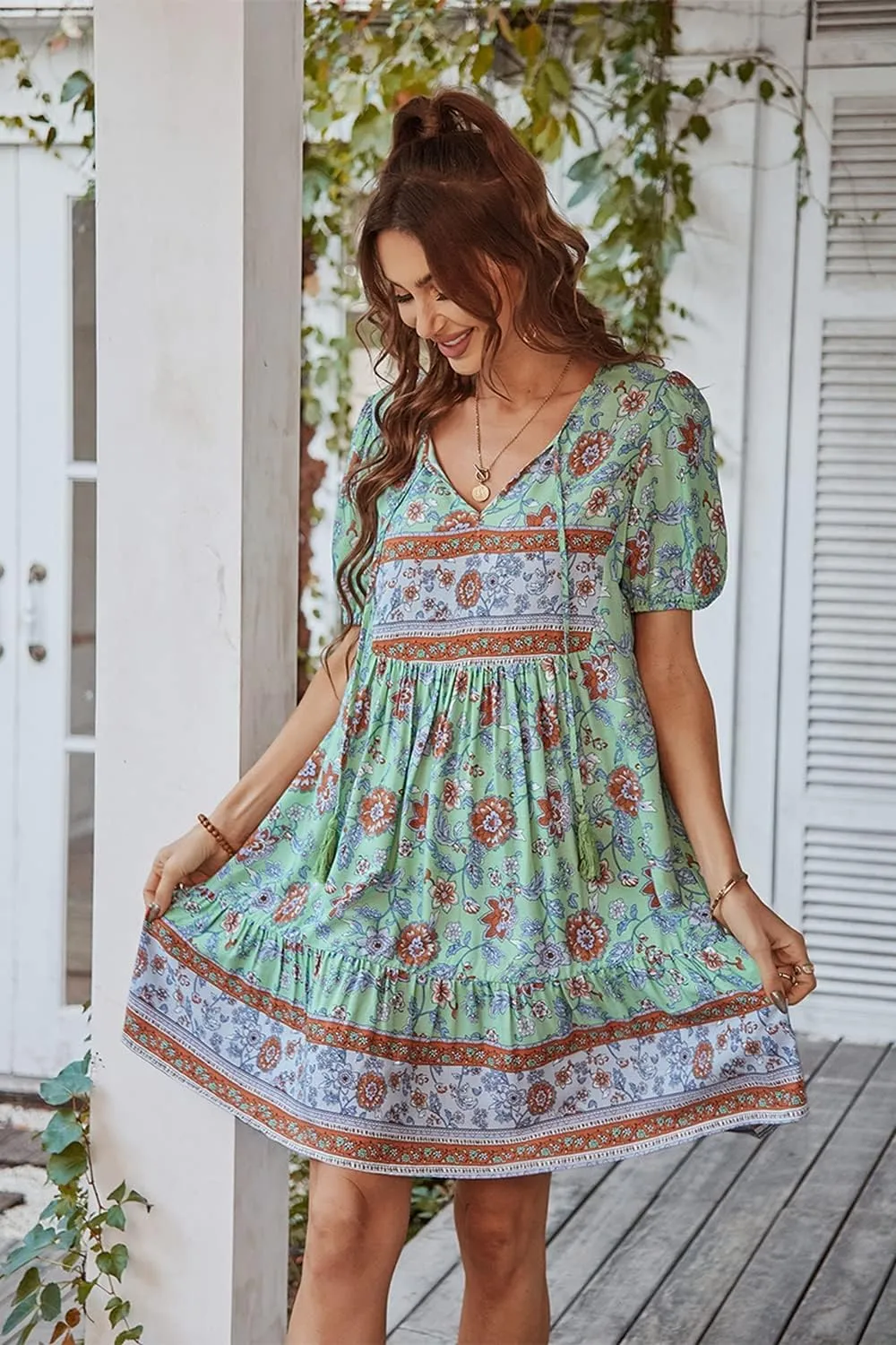 YOXUA Women's Short Sleeve Boho Floral Print Mini Dress Loose Swing V Neck Ruffle Sundress