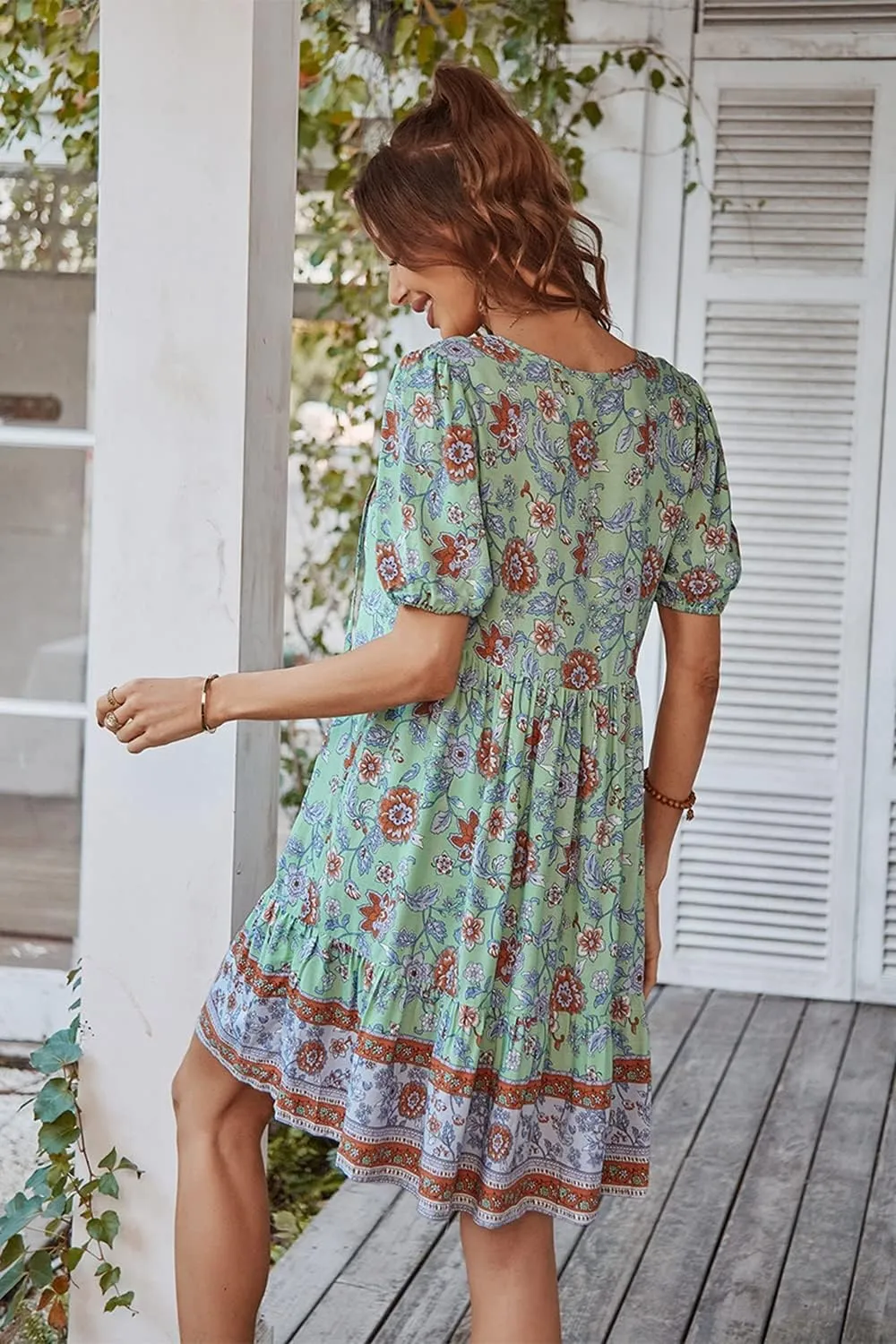 YOXUA Women's Short Sleeve Boho Floral Print Mini Dress Loose Swing V Neck Ruffle Sundress