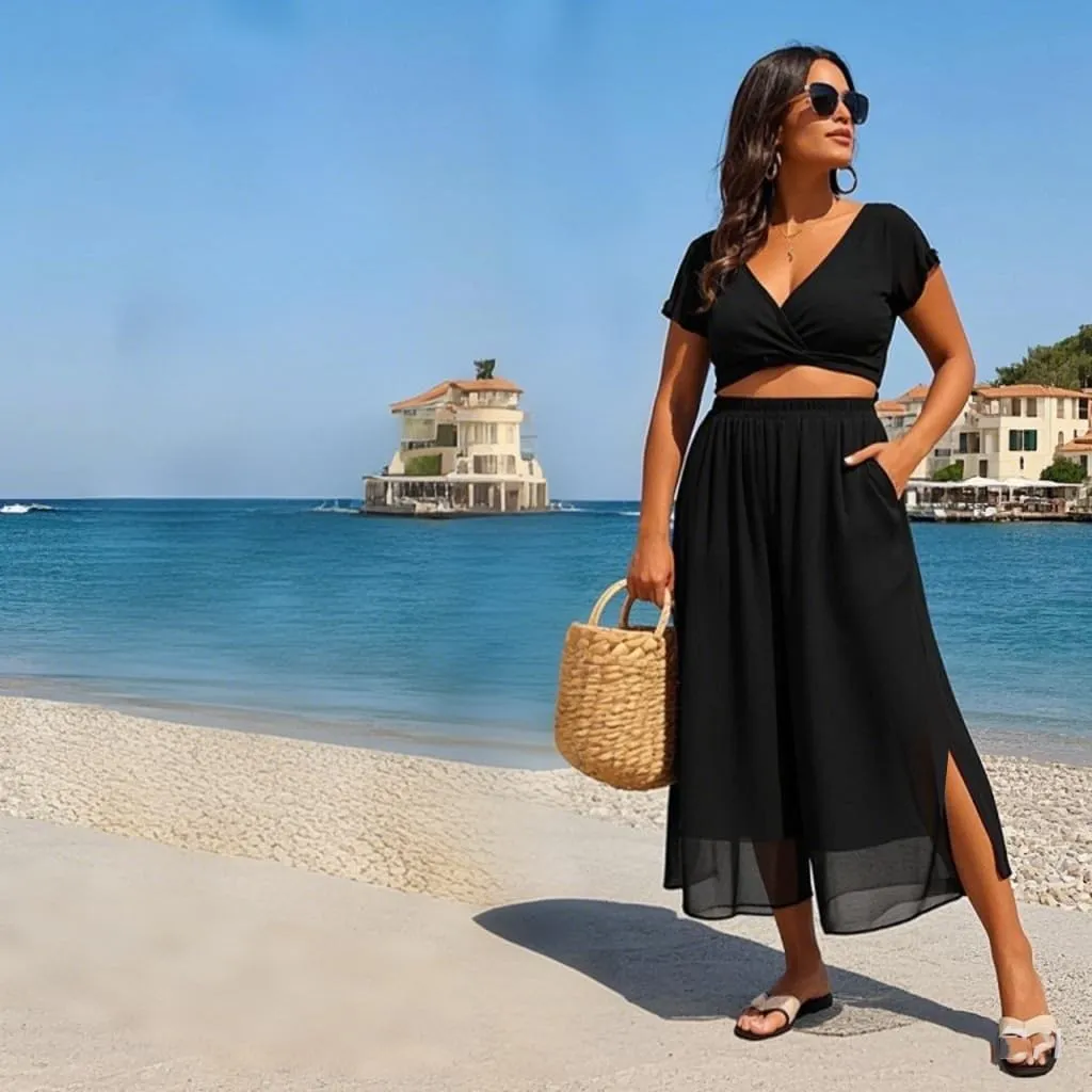 zsangbee Women's Chiffon Wide Leg Palazzo Pants Slit Capris Summer Boho Casual Dress Beach Vacation Party Wedding Outfits
